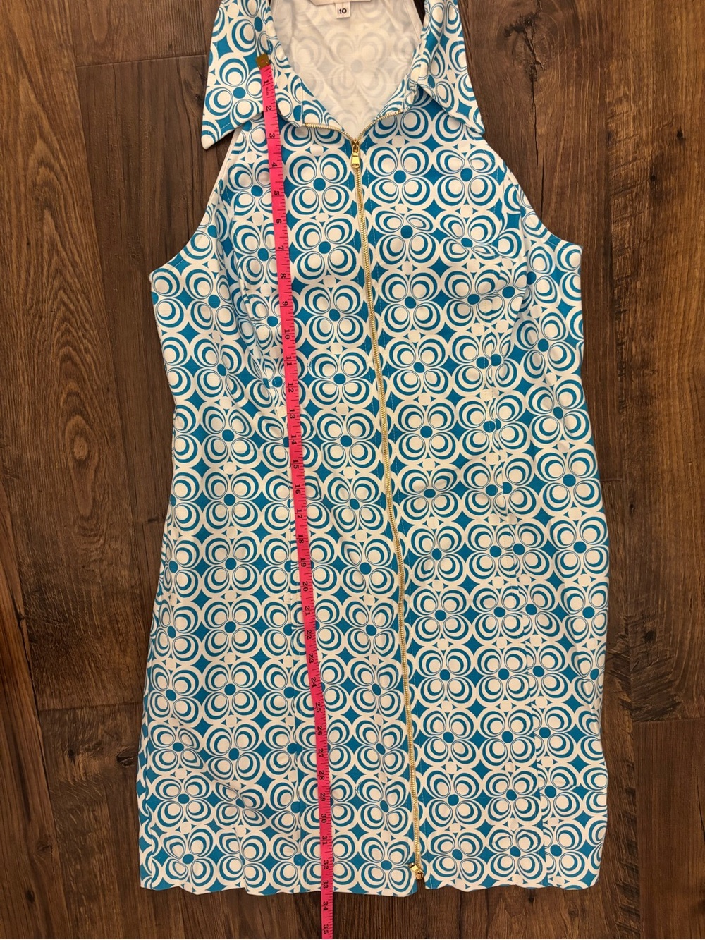 Trina Turk Teal and White Sleeveless Zip Dress with Geometric Print - Picture 3 of 7